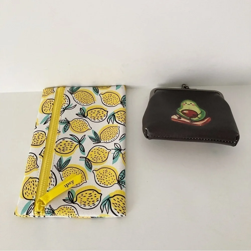 Ipsy Lemon Print Cosmetic Bag and Avocado Print Wallet